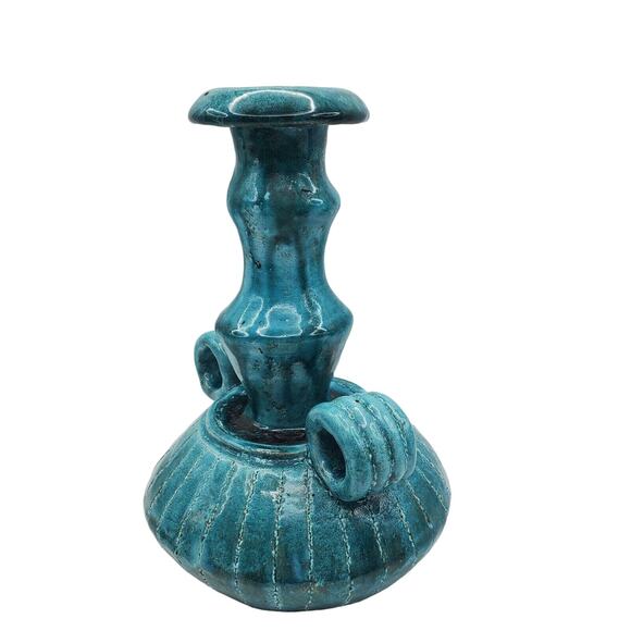 Vtg Turquoise Pottery Vase Mid Century Ceramic Double Handle Ribbed Boho Decor - Picture 3 of 10